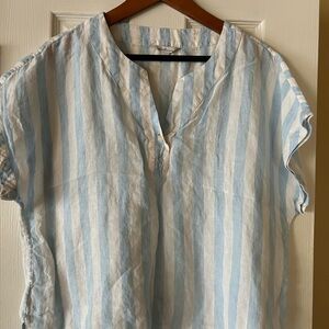 LL Bean Blue and White Striped Linen Pullover Shirt